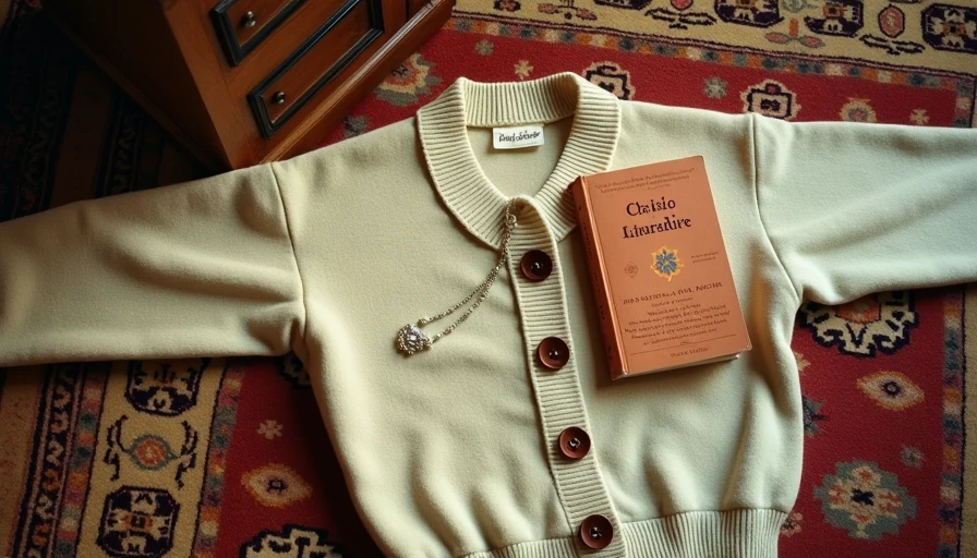 Vintage oatmeal wool cardigan with brown leather buttons arranged on a Persian rug next to a book.