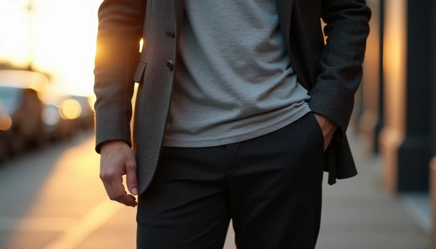A gray herringbone tweed blazer casually layered over a sporty gray cotton jersey on a city street.