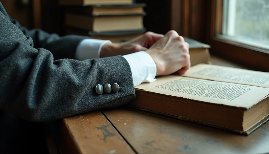 Close-up of a frayed white cotton shirt cuff peeking from a heavy charcoal wool blazer on a desk with books.