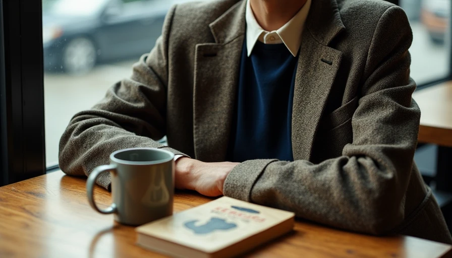 Close-up of a modern preppy outfit featuring a navy rugby shirt layered under a loose tweed blazer at a cafe table.