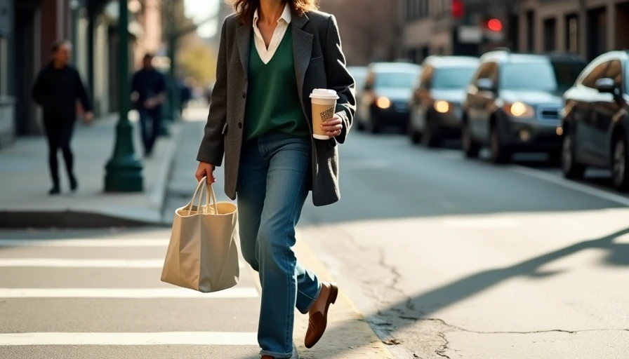 Street style shot of a person in an oversized charcoal blazer, green rugby shirt, relaxed blue jeans, and brown loafers.