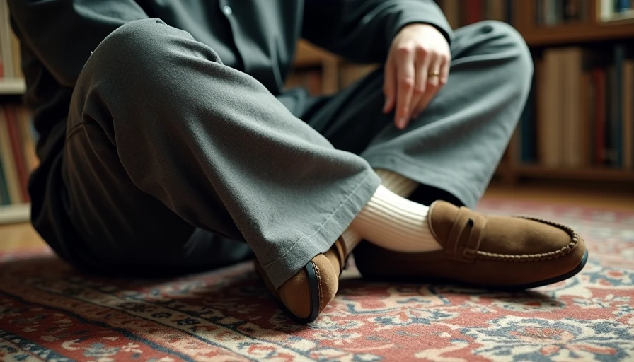 Close-up of wide-leg charcoal wool trousers and brown suede loafers on a vintage Persian rug.