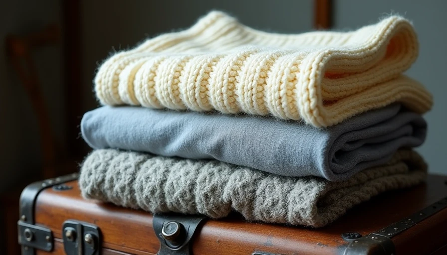 A stack of three folded sweaters in butter cream, mist blue, and washed gray on a vintage wood trunk.