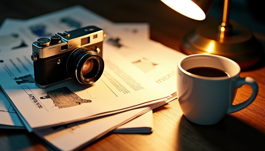 A vintage camera and coffee mug on top of brand marketing layouts on a dark wood desk.