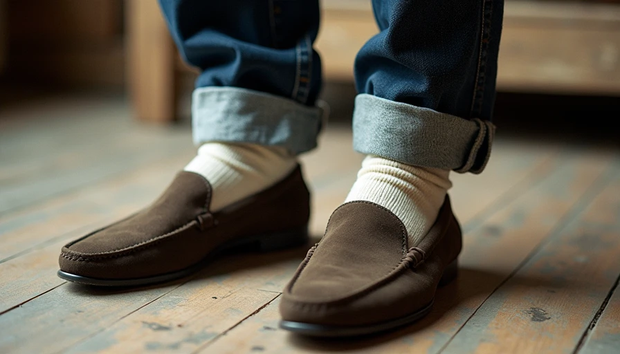 Close-up of textured dark brown suede loafers worn with slouched cream ribbed cotton socks and dark denim.