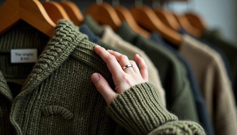 Close-up of a hand inspecting a vintage olive-green wool cable-knit sweater on a clothing rack.
