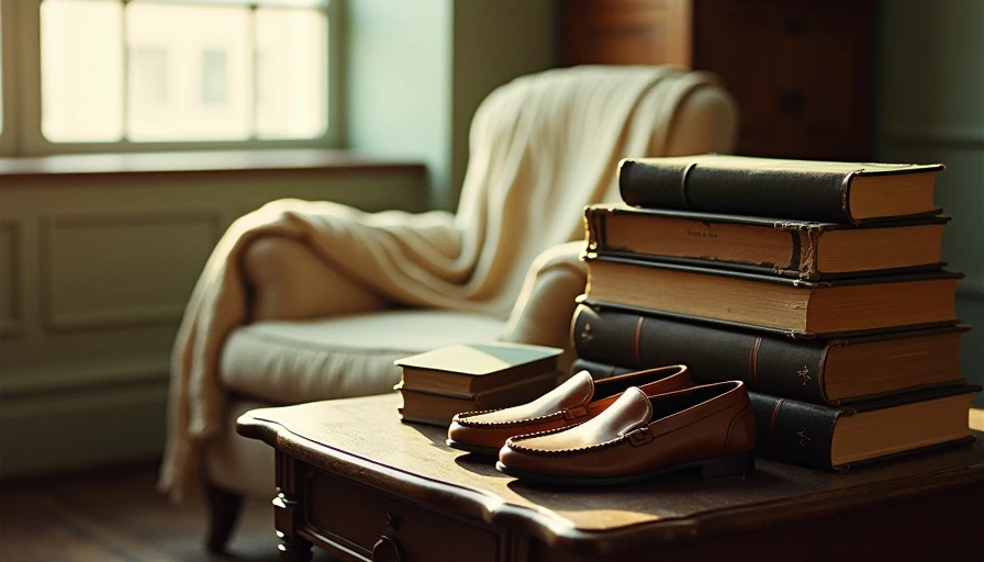 A stack of vintage classic books and a pair of worn leather loafers resting under soft window light.