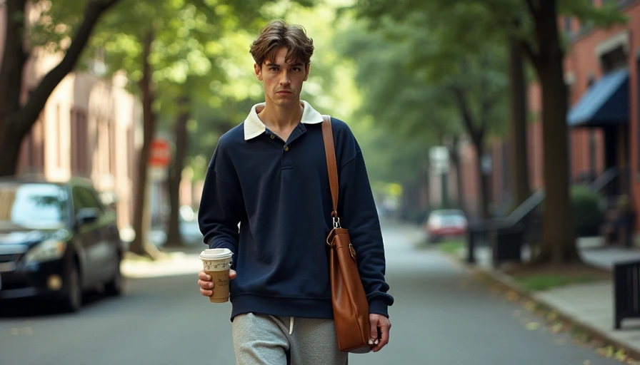 A person walking in an oversized navy long-sleeve polo shirt, heather-gray sweat-shorts, and holding an iced coffee.