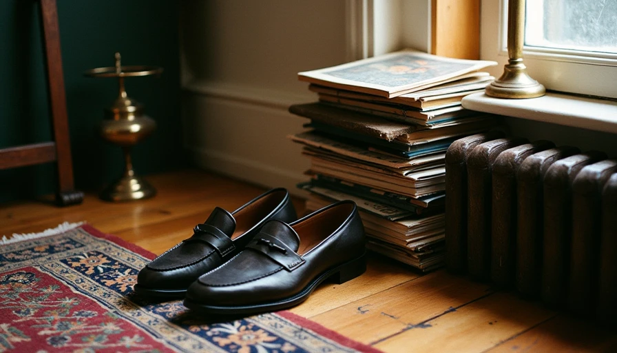 Dark brown leather loafers resting on a Persian rug next to a stack of vintage literary magazines.