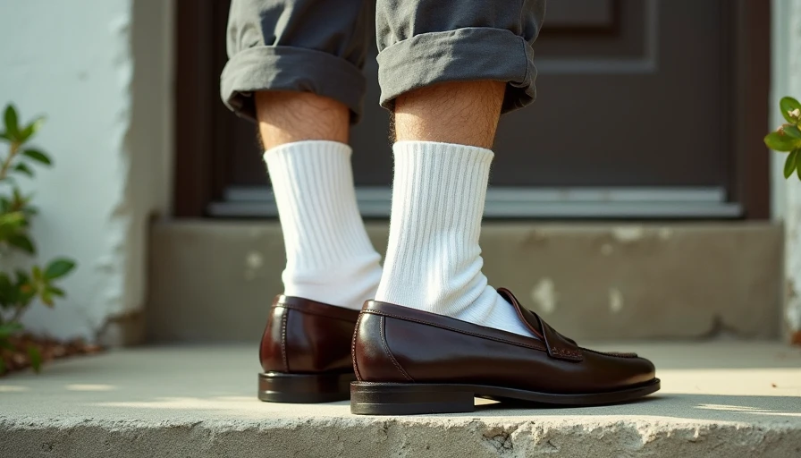 Close-up of dark brown leather penny loafers worn with thick slouched white ribbed cotton socks on concrete.