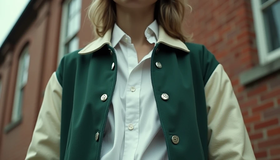Close-up of an oversized green varsity jacket with cream leather sleeves layered over a loose white shirt.
