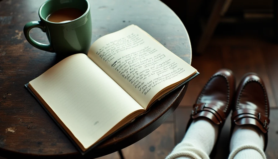 A cafe table with a notebook and tea mug, with scuffed brown leather loafers visible under the table.