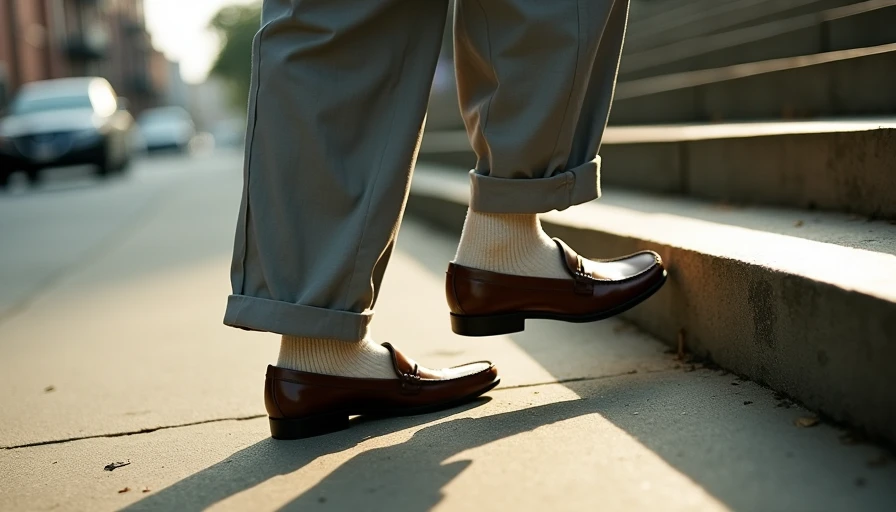 Lower-body shot of wide-leg washed-gray trousers draped over brown leather loafers with slouched cream socks.