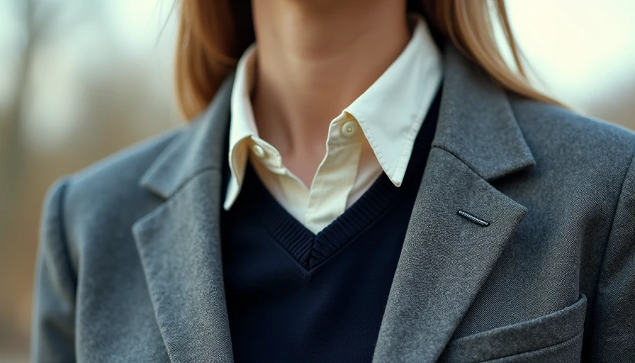 Close-up of an unbuttoned slate-gray tweed blazer layered over a rumpled cream collar of a navy rugby shirt.