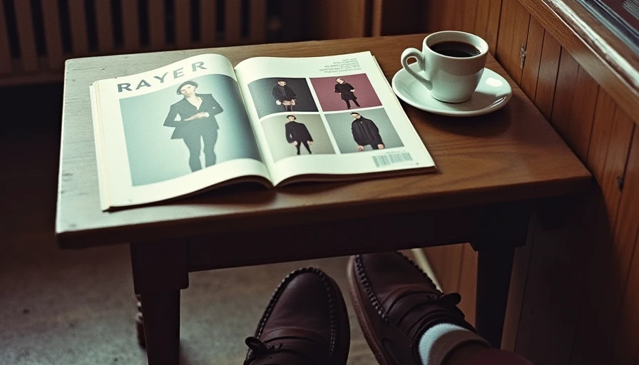 A cafe table with a magazine and coffee mug, with scuffed brown leather penny loafers visible underneath.