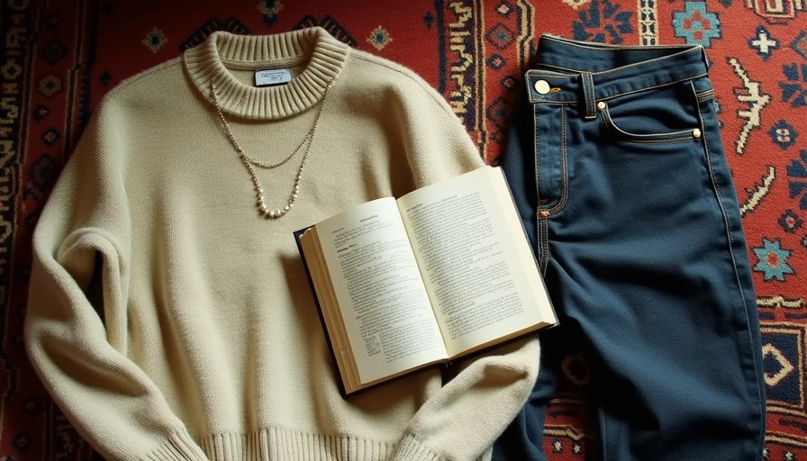 An open copy of The Secret History next to an oatmeal fisherman sweater and dark denim on a Persian rug.