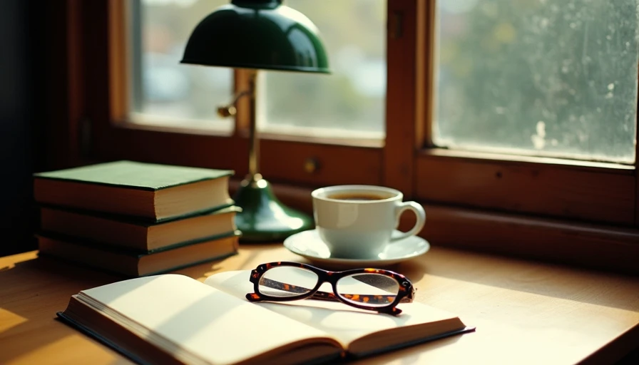 A stack of old books, a banker's lamp, tortoiseshell glasses, and a coffee mug on a wood table.