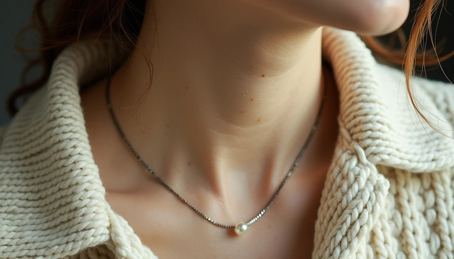 Close-up of butter-cream cable-knit sweater layered over a washed-gray cotton flannel shirt with a pearl pendant necklace.