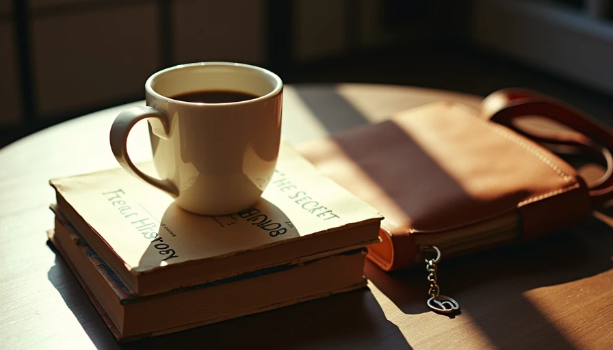A vintage copy of The Secret History stacked under a coffee mug next to a brown leather tote bag.