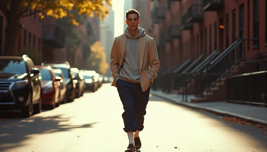 A casual street style look featuring an unstructured beige wool blazer, gray hoodie, and loose navy trousers.