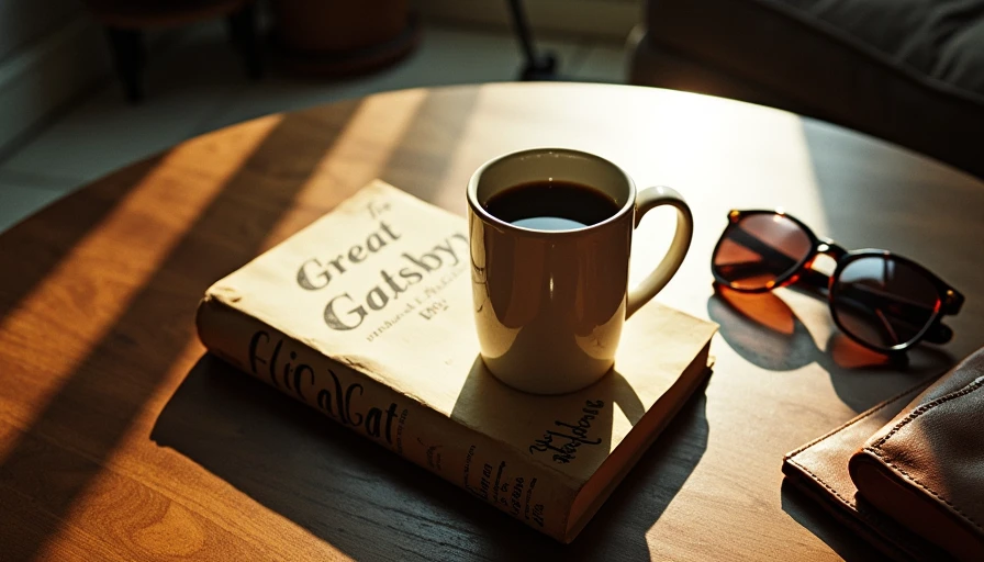 A vintage paperback copy of The Great Gatsby stacked under a coffee mug next to a brown leather tote.