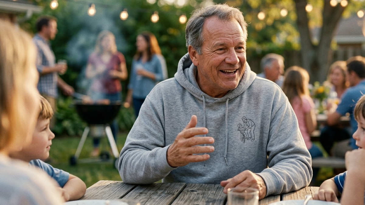Still wearing it at the barbecue, telling the story behind it without being asked twice.