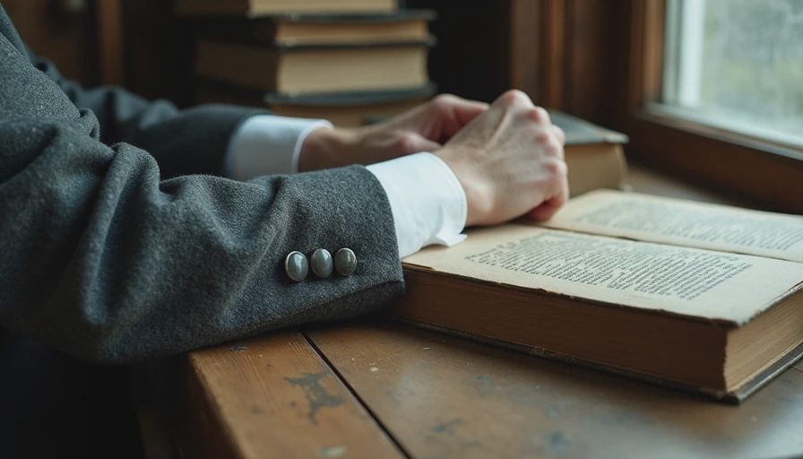 The Art of Wealthy Carelessness Detail Close-up of a frayed white cotton shirt cuff peeking from a heavy charcoal wool blazer on a desk with books.