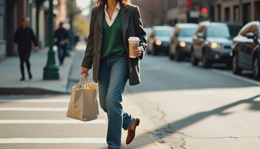 Lived-In High-Low Silhouette in Brooklyn Street style shot of a person in an oversized charcoal blazer, green rugby shirt, relaxed blue jeans, and brown loafers.