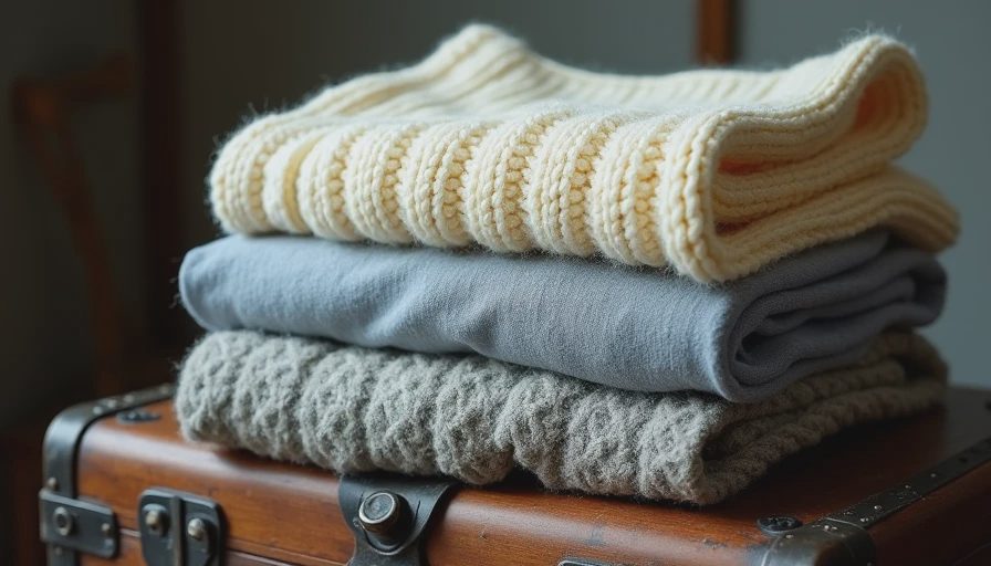 The Foggy Neutrals Palette Study A stack of three folded sweaters in butter cream, mist blue, and washed gray on a vintage wood trunk.