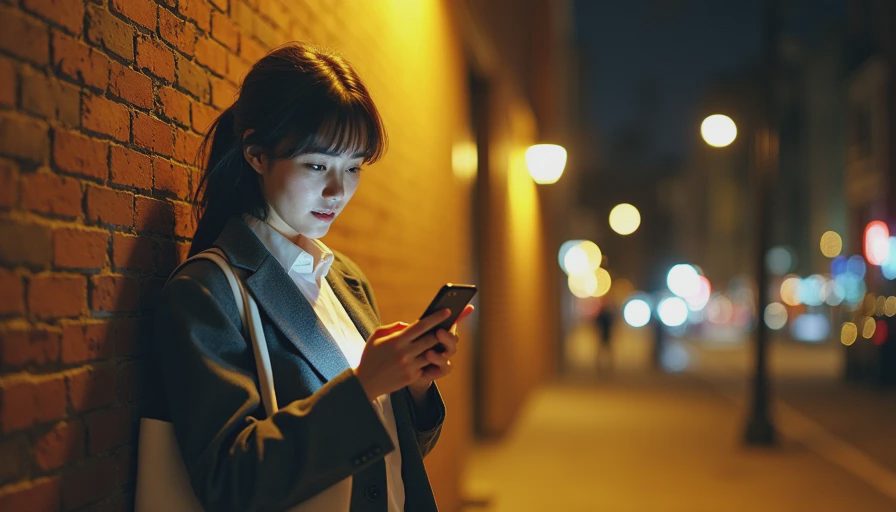 The Raw Anti-Establishment Visual Code A casual flash photo of a person in a gray wool blazer and untucked white shirt checking their phone at night.