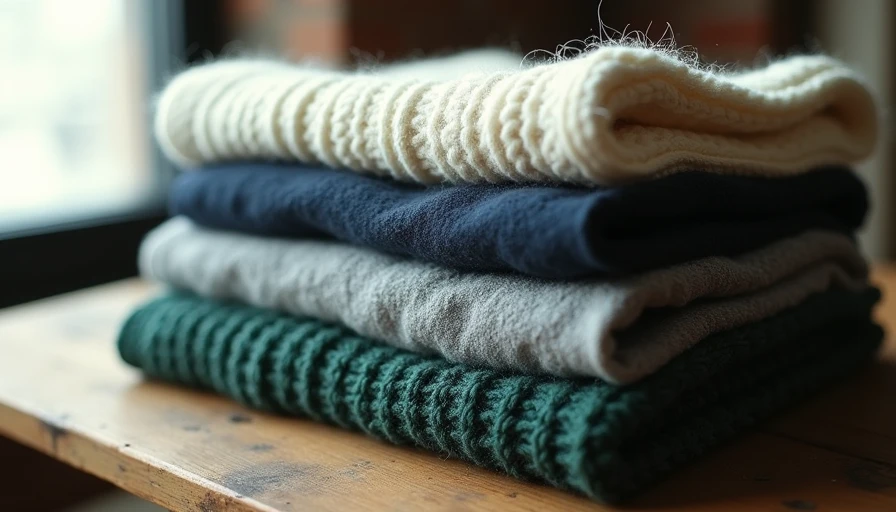 The Soft Uniform Color Matrix A neat stack of four sweaters in cream, washed navy, fog gray, and forest green on a wood bench.