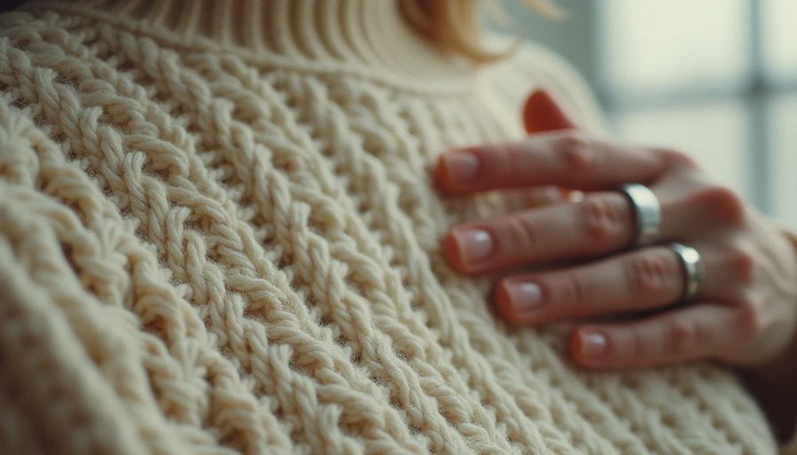 Close-up of the dense, intricate cable-knit patterns on a vintage heavy cream wool fisherman sweater.