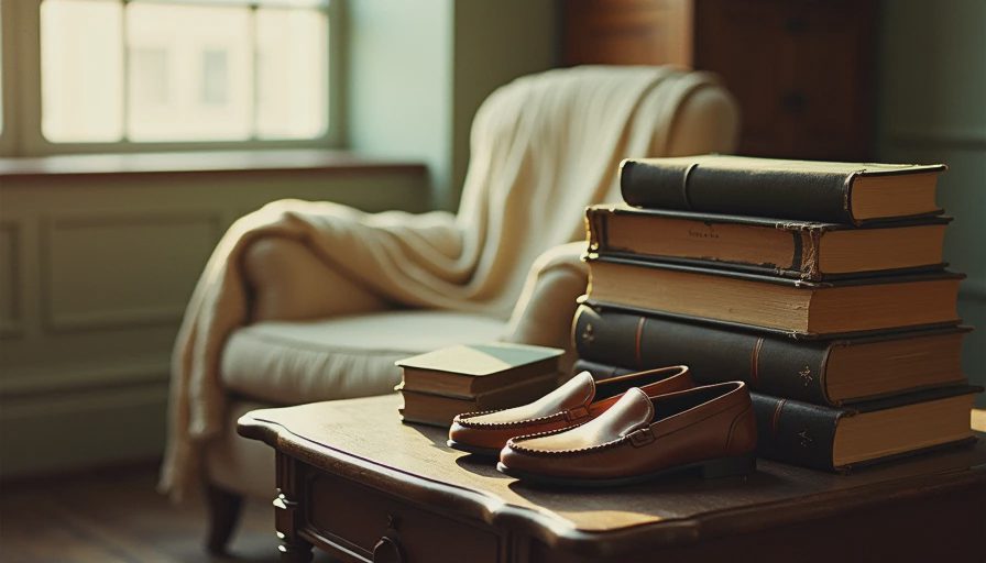 Literary Details and Worn Loafers A stack of vintage classic books and a pair of worn leather loafers resting under soft window light.