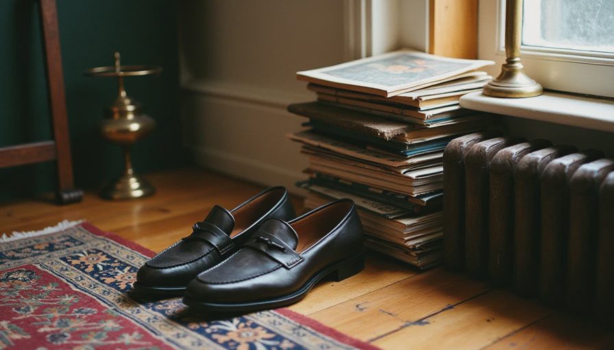 Cozy Apartment Corner with Loafers and Books Dark brown leather loafers resting on a Persian rug next to a stack of vintage literary magazines.