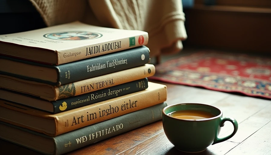 The Textural Composition of an Academic Workspace A vertical stack of vintage design textbooks next to a ceramic tea mug on an oak floor with a portion of a wool sweater visible.