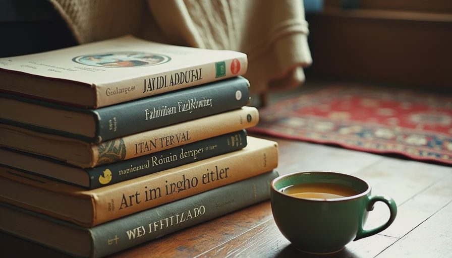 A vertical stack of vintage design textbooks next to a ceramic tea mug on an oak floor with a portion of a wool sweater visible.