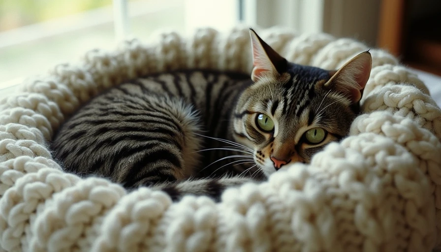 The Qualitative Material Inspection First-person shot of a grey tabby cat curled up asleep on a thick cream cable-knit wool sweater.