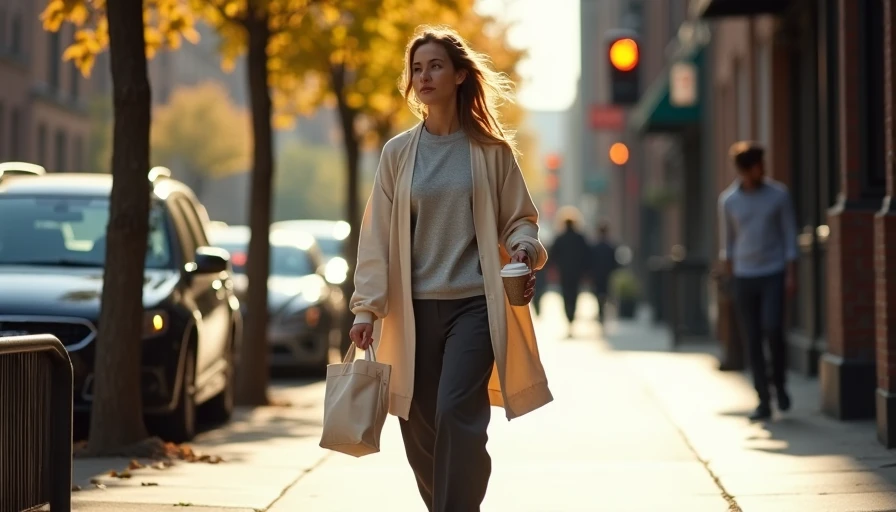 Modular Proportions in Motion A low-angle shot of a person walking in an oversized cream cardigan, gray sweatshirt, and dark trousers in Brooklyn.