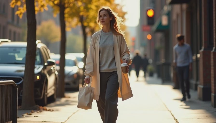A low-angle shot of a person walking in an oversized cream cardigan, gray sweatshirt, and dark trousers in Brooklyn.
