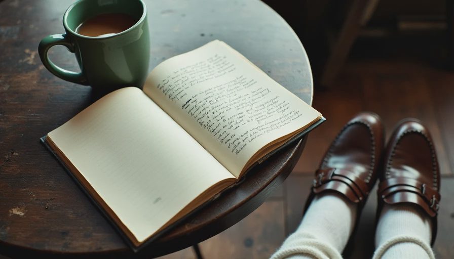 Lived-In Loafers in an Academic Setting A cafe table with a notebook and tea mug, with scuffed brown leather loafers visible under the table.