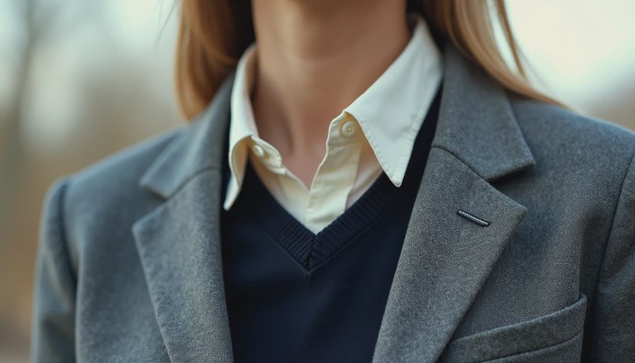 Preppy 3.0 Jacket and Collar Layering System Close-up of an unbuttoned slate-gray tweed blazer layered over a rumpled cream collar of a navy rugby shirt.