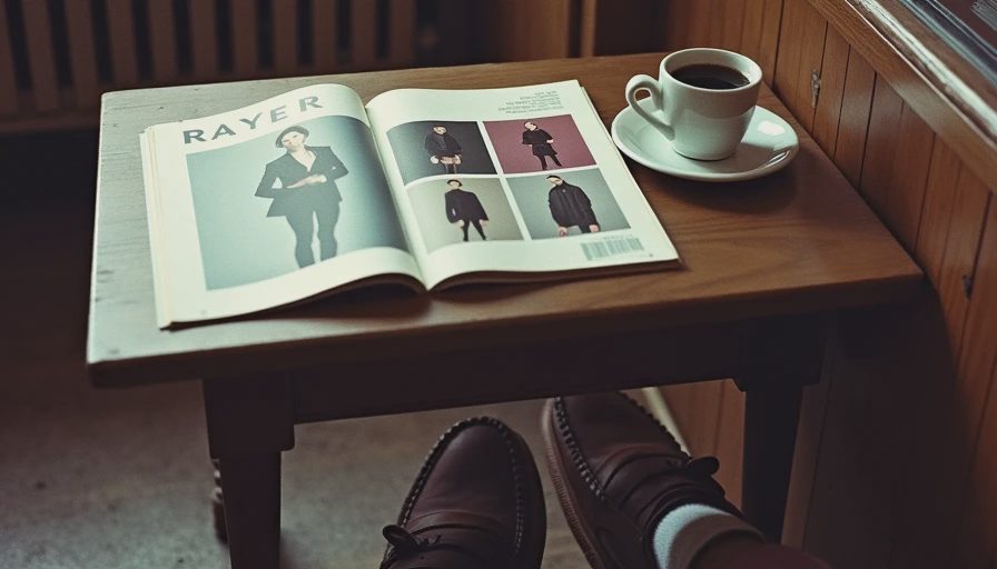 Lived-In Accessories and Visual Inspiration A cafe table with a magazine and coffee mug, with scuffed brown leather penny loafers visible underneath.