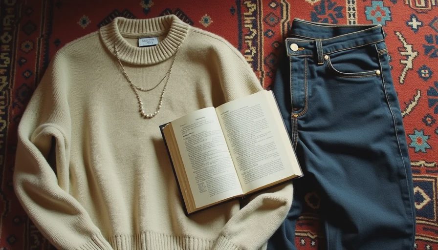 Literary Reading and Wardrobe Elements An open copy of The Secret History next to an oatmeal fisherman sweater and dark denim on a Persian rug.