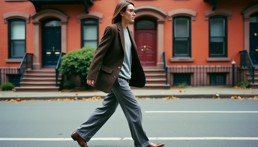 Low-angle shot of a person walking in an oversized brown blazer, gray jersey, and loose trousers in Brooklyn.