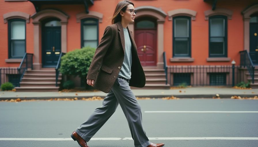 Low-angle shot of a person walking in an oversized brown blazer, gray jersey, and loose trousers in Brooklyn.