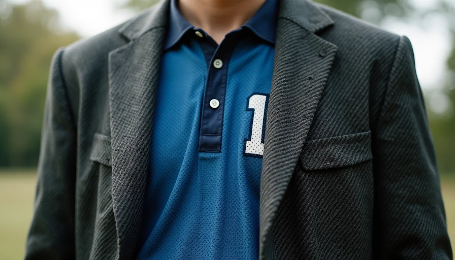 Close-up of an unbuttoned charcoal herringbone blazer layered over a navy blue mesh sports jersey.