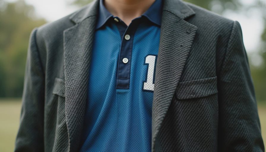 Close-up of an unbuttoned charcoal herringbone blazer layered over a navy blue mesh sports jersey.