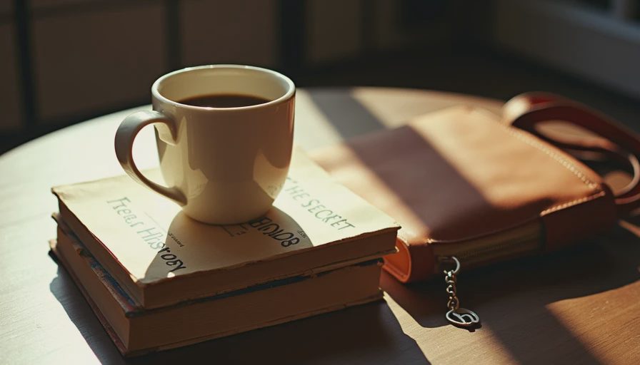 Everyday Reading and Carry Essentials A vintage copy of The Secret History stacked under a coffee mug next to a brown leather tote bag.