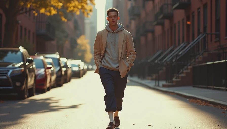 Soft Structure and Slouchy Tailoring A casual street style look featuring an unstructured beige wool blazer, gray hoodie, and loose navy trousers.