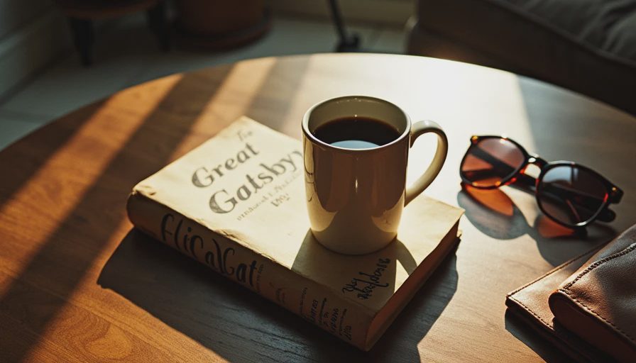 Literary References and Daily Carry Essentials A vintage paperback copy of The Great Gatsby stacked under a coffee mug next to a brown leather tote.